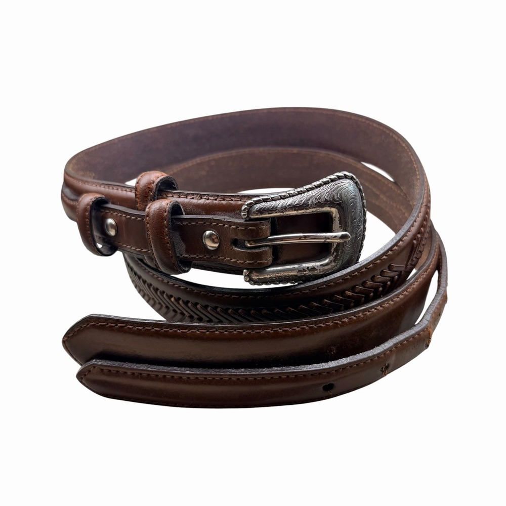 Nocona Belt Brown Tooled Leather Western Size 44 Engraved Silver Buckle Men's